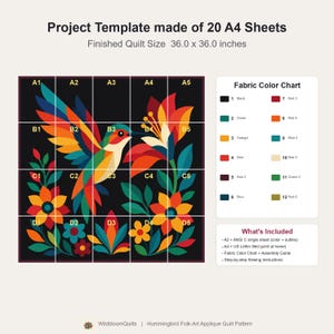 Patrón de colcha de colibrí, patrón de colcha de pared de pájaros en PDF, colcha de apliques para principiantes, aplique termoadhesivo con borde sin rematar imagen 8