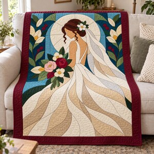 Bride Quilt Pattern, Applique & Collage Quilt, Wedding Quilt Pattern PDF, Patchwork Wall Hanging, Folk Art Quilt Template image 10