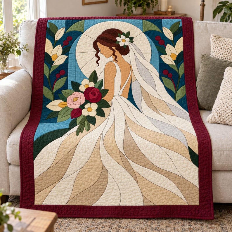 Bride Quilt Pattern, Applique & Collage Quilt, Wedding Quilt Pattern PDF, Patchwork Wall Hanging, Folk Art Quilt Template image 10