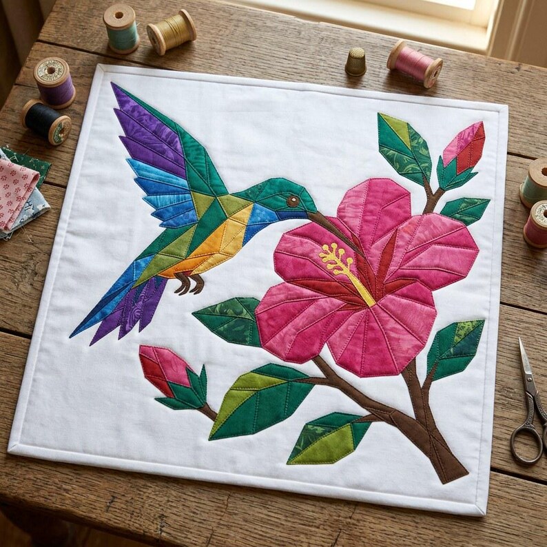 Hummingbird Quilt Pattern, Raw Edge Fusible Applique PDF, Tropical Bird Quilt Pattern, Hibiscus Patchwork Wall Hanging image 13