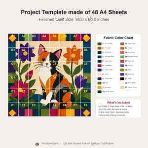 Calico Cat Quilt Pattern, Applique & Collage Quilt, Animal Quilt Pattern PDF, Patchwork Wall Hanging, Folk Art Quilt Template image 7