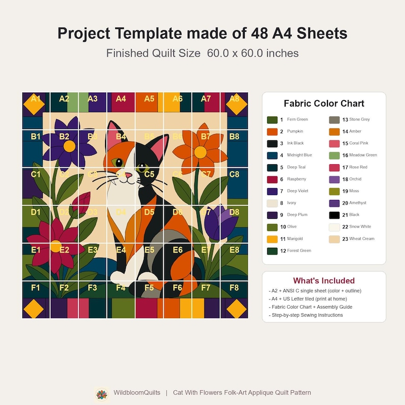 Calico Cat Quilt Pattern, Applique & Collage Quilt, Animal Quilt Pattern PDF, Patchwork Wall Hanging, Folk Art Quilt Template image 7