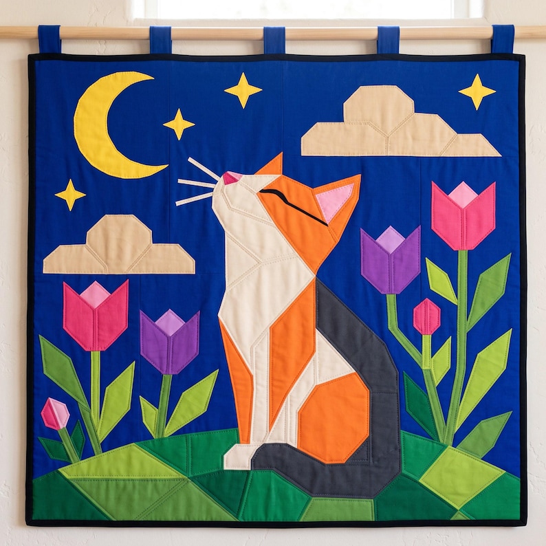Cat Quilt Pattern, Cat Wall Hanging Quilt Pattern PDF, Easy Applique Quilt for Beginners, Folk Art Cat Lover Gift, Raw Edge Fusible Applique image 7