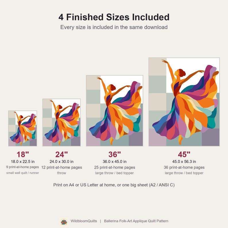 Ballerina-Quiltmuster, PDF-Vorlage für Applikationen mit offenen Kanten, Tänzer-Quiltmuster, Patchwork-Wandbehang, Quiltvorlage im Volkskunststil Bild 10