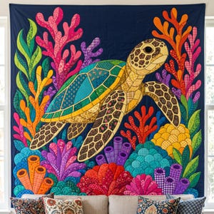 Quiltmuster Meeresschildkröten, PDF-Vorlage für Applikationen mit offenen Kanten, Quiltmuster Meerestiere, Wandbehang Korallenriff, Patchwork-Vorlage im Stil der Volkskunst Bild 7