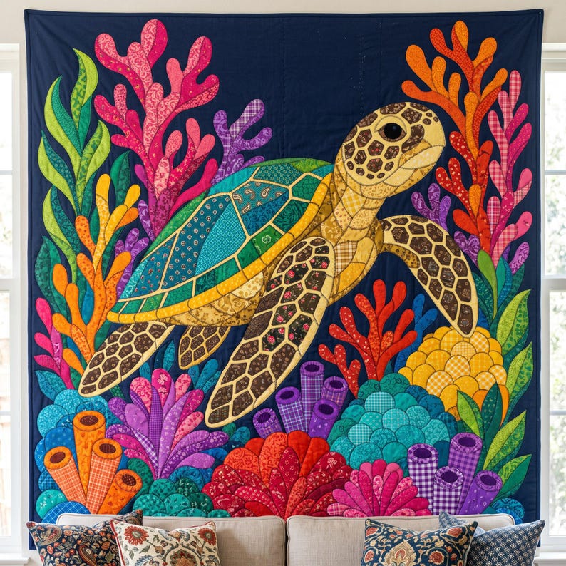 Quiltmuster Meeresschildkröten, PDF-Vorlage für Applikationen mit offenen Kanten, Quiltmuster Meerestiere, Wandbehang Korallenriff, Patchwork-Vorlage im Stil der Volkskunst Bild 7