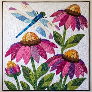 Mönster med trollslända- och solhattblommigt quiltmönster, applikations- och collagequilt i PDF-format, quiltmönster med blommigt djurmönster, applikation med råa kanter och smältbara mönster bild 8