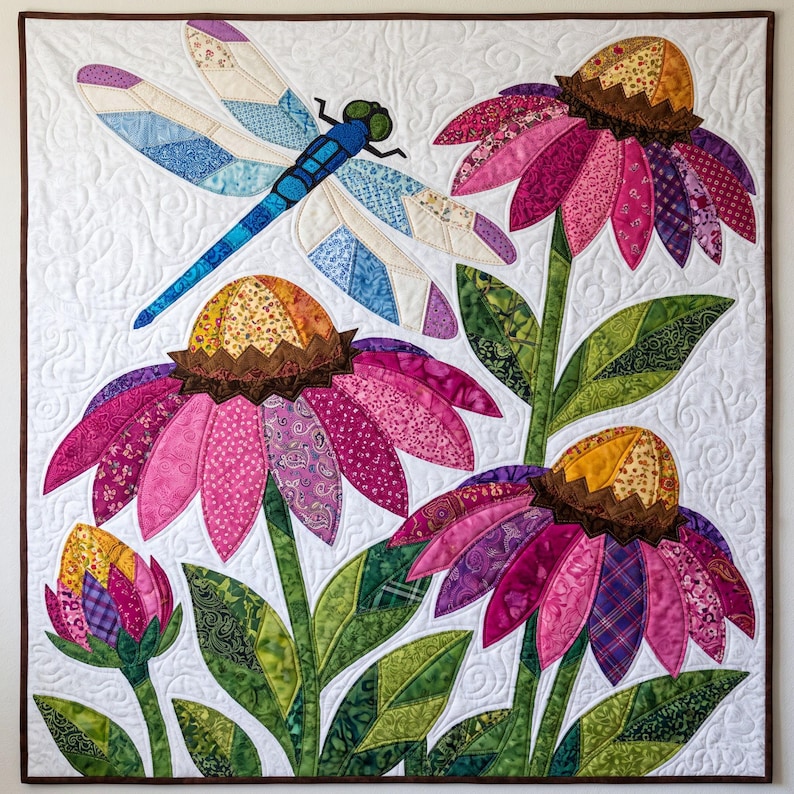 Mönster med trollslända- och solhattblommigt quiltmönster, applikations- och collagequilt i PDF-format, quiltmönster med blommigt djurmönster, applikation med råa kanter och smältbara mönster bild 8