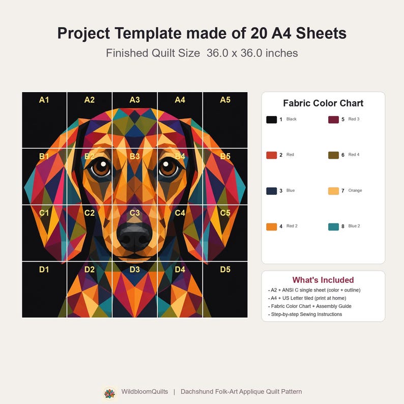 May include: A project template for a 91.4 x 91.4 cm quilt featuring a geometric dachshund portrait made of 20 A4 sheets labelled A1 through D5. Includes a fabric colour chart with eight numbered colours and a list of included sewing materials.