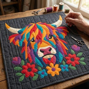Highland Cow Quilt Pattern, Cow Wall Hanging Quilt Pattern PDF, Easy Applique Quilt for Beginners, Raw Edge Fusible Applique image 8