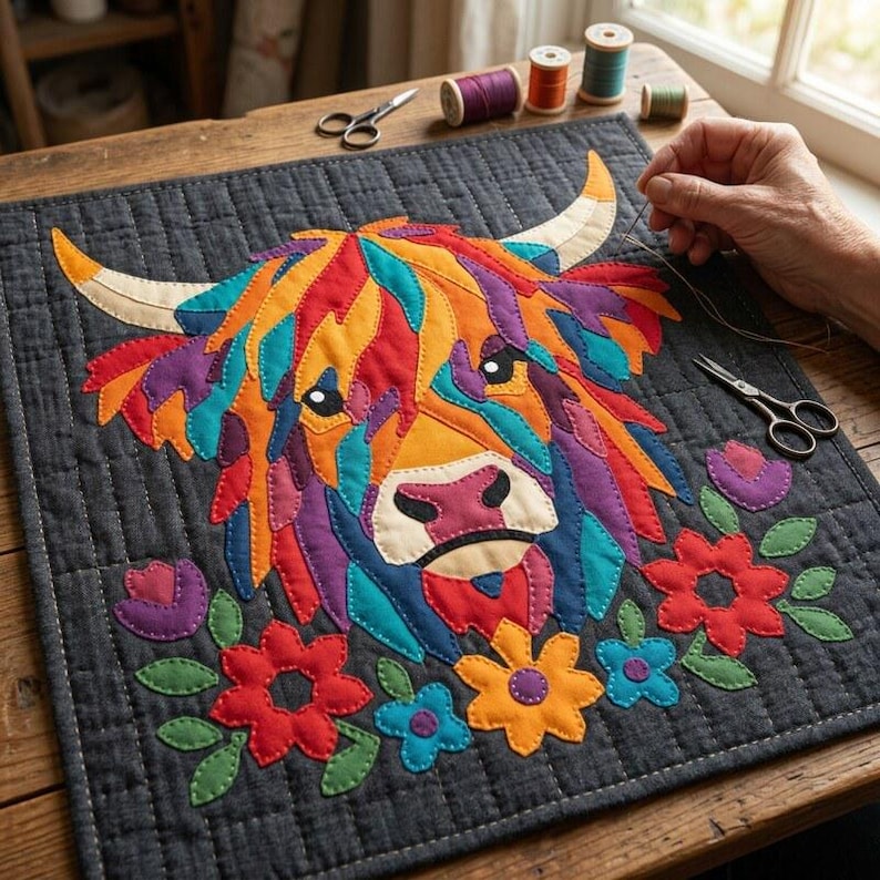 Highland Cow Quilt Pattern, Cow Wall Hanging Quilt Pattern PDF, Easy Applique Quilt for Beginners, Raw Edge Fusible Applique image 8