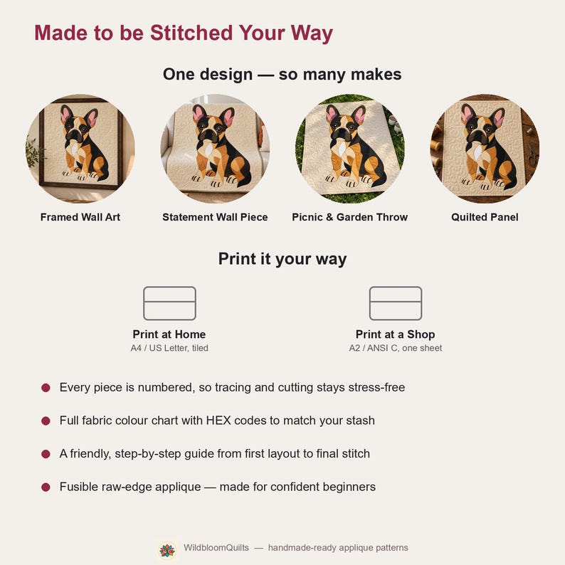 French Bulldog Quilt Pattern, Applique & Collage Quilt, Dog Quilt Pattern PDF, Patchwork Wall Hanging, Folk Art Quilt Template image 14