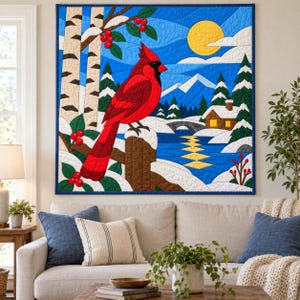 Quiltmuster „Winterkardinal“, Applikations- und Collage-Quilt, Vogel-Quiltmuster (PDF), Patchwork-Wandbehang, Quiltvorlage im Stil der Volkskunst Bild 12