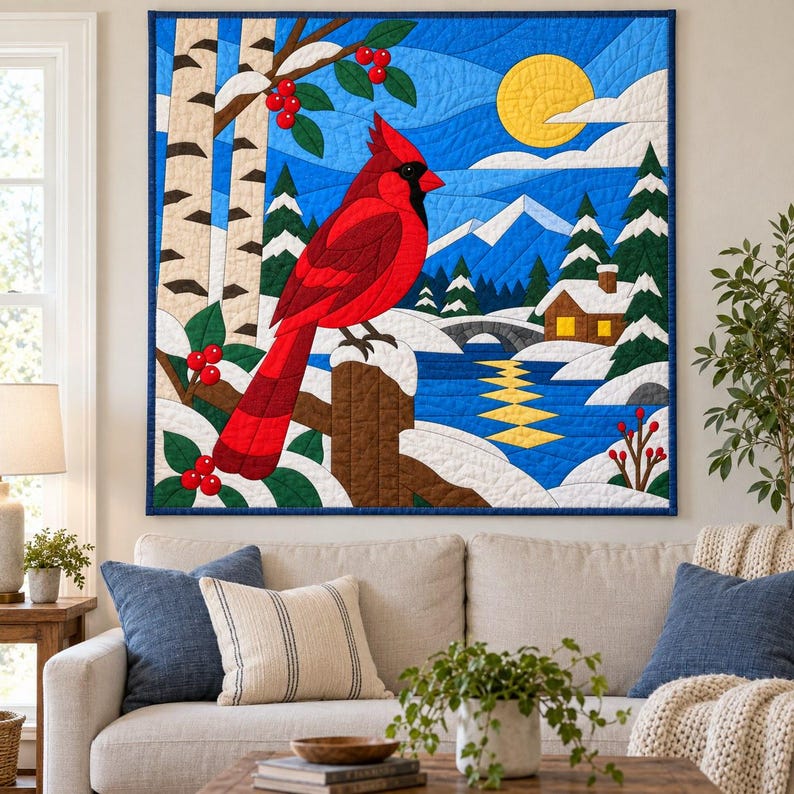 Quiltmuster „Winterkardinal“, Applikations- und Collage-Quilt, Vogel-Quiltmuster (PDF), Patchwork-Wandbehang, Quiltvorlage im Stil der Volkskunst Bild 12