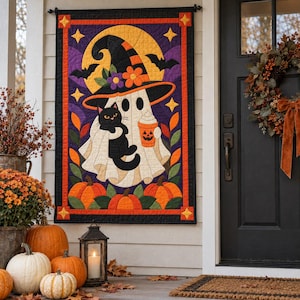 Halloween Ghost Quilt Pattern, Applique & Collage Quilt, Black Cat Quilt Pattern PDF, Patchwork Wall Hanging, Witch Hat Pumpkin Template image 8