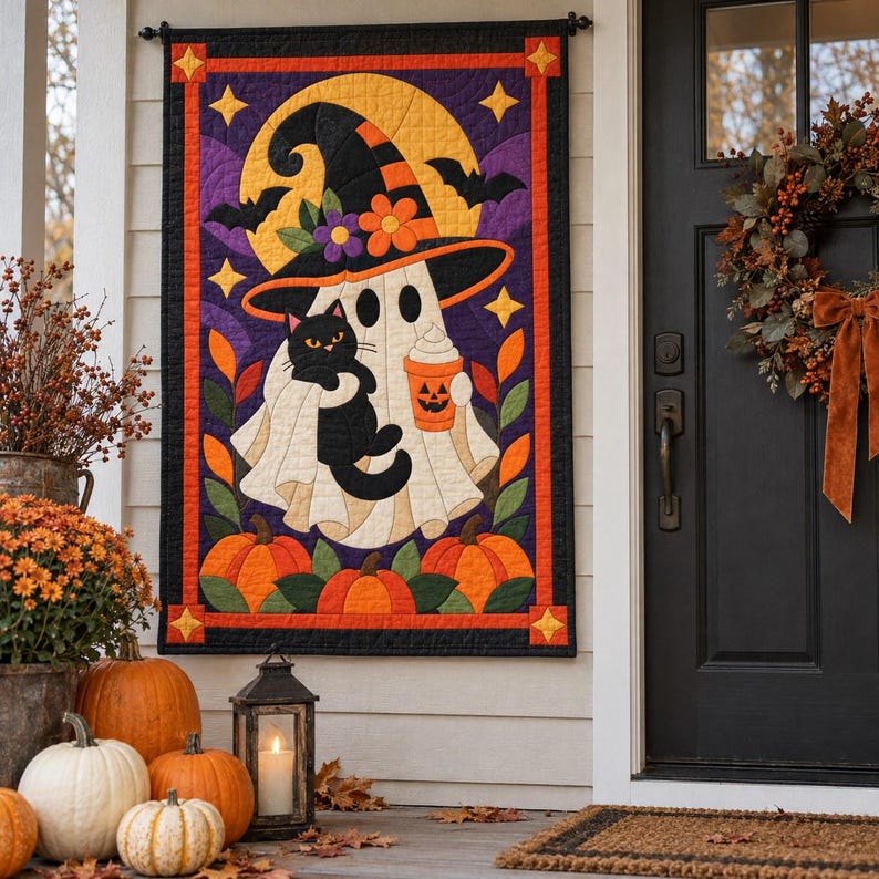 Halloween Ghost Quilt Pattern, Applique & Collage Quilt, Black Cat Quilt Pattern PDF, Patchwork Wall Hanging, Witch Hat Pumpkin Template image 8