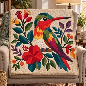 Patrón de colcha de colibrí, colcha de apliques y collage, patrón de colcha floral tropical en PDF, tapiz bohemio, plantilla de colcha de pájaros de arte popular imagen 6