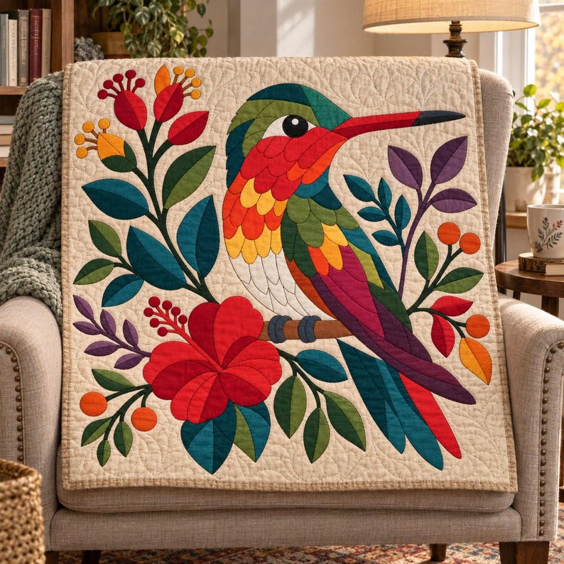 Patrón de colcha de colibrí, colcha de apliques y collage, patrón de colcha floral tropical en PDF, tapiz bohemio, plantilla de colcha de pájaros de arte popular imagen 6