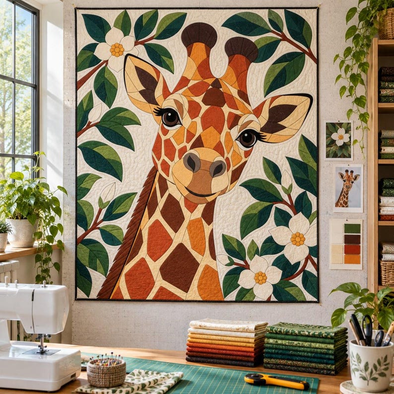 Giraffen-Quiltmuster, Applikations- und Collage-Quilt, Tier-Quiltmuster (PDF), Magnolien-Wandbehang im Volkskunststil, Patchwork-Vorlage Bild 8