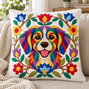 Patrón de edredón Perro Arcoíris, Edredón con apliques y collage, Patrón de edredón de animales en PDF, Tapiz de pared de patchwork, Plantilla de perro de arte popular imagen 5