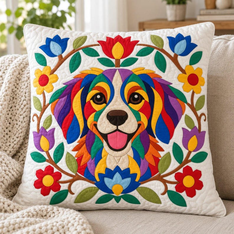 Patrón de edredón Perro Arcoíris, Edredón con apliques y collage, Patrón de edredón de animales en PDF, Tapiz de pared de patchwork, Plantilla de perro de arte popular imagen 5