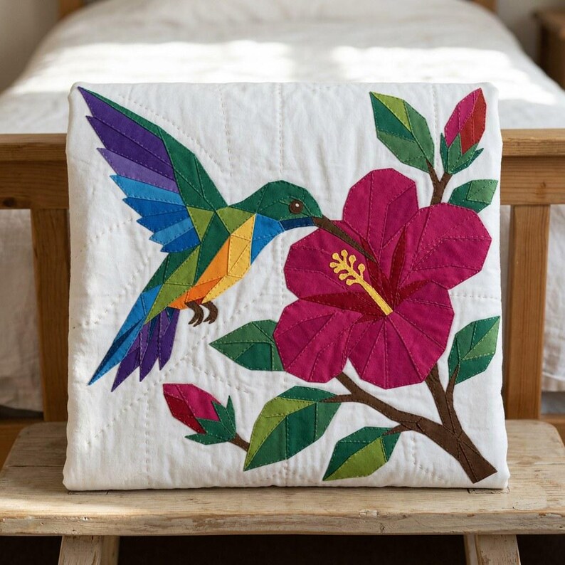 Hummingbird Quilt Pattern, Raw Edge Fusible Applique PDF, Tropical Bird Quilt Pattern, Hibiscus Patchwork Wall Hanging image 7