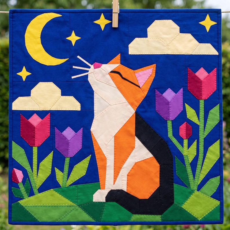 Cat Quilt Pattern, Cat Wall Hanging Quilt Pattern PDF, Easy Applique Quilt for Beginners, Folk Art Cat Lover Gift, Raw Edge Fusible Applique image 15