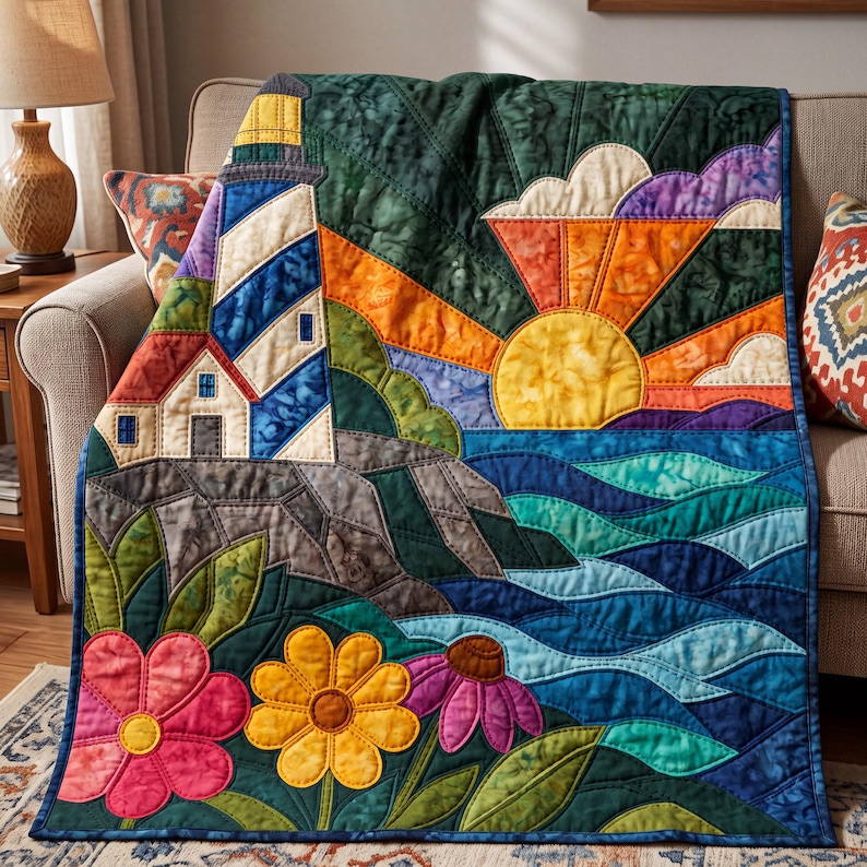 Lighthouse Sunrise Quilt Pattern, Raw Edge Fusible Applique PDF, Coastal Quilt Pattern, Patchwork Wall Hanging, Folk Art Quilt Template image 8