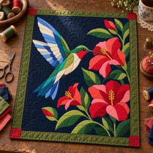 Patrón de colcha de colibrí, colcha de apliques y collage, patrón de colcha de pájaros en PDF, tapiz de pared de hibisco, plantilla de colcha de arte popular imagen 9