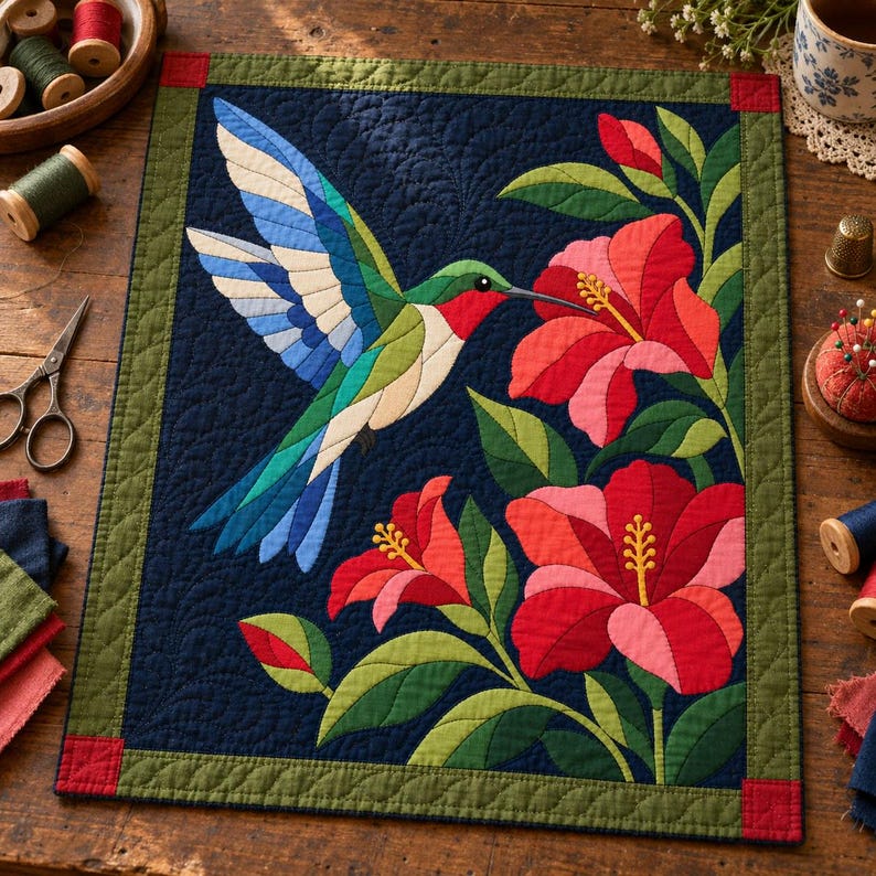Patrón de colcha de colibrí, colcha de apliques y collage, patrón de colcha de pájaros en PDF, tapiz de pared de hibisco, plantilla de colcha de arte popular imagen 9