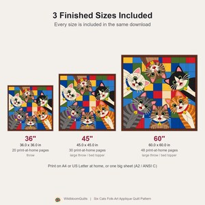 Six Cats Quilt Pattern, Applique & Collage Quilt, Cat Quilt Pattern PDF, Patchwork Wall Hanging, Folk Art Quilt Template image 3