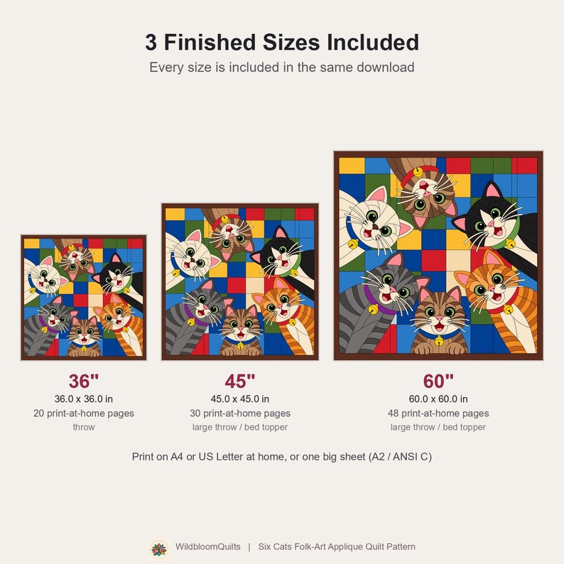 Six Cats Quilt Pattern, Applique & Collage Quilt, Cat Quilt Pattern PDF, Patchwork Wall Hanging, Folk Art Quilt Template image 3