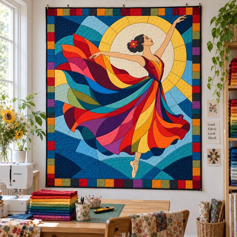 Patrón de colcha de bailarina de vidrieras, colcha de apliques y collage en PDF, patrón de colcha de bailarina, tapiz de patchwork, plantilla de colcha de arte popular imagen 14