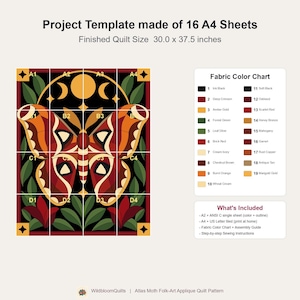 Atlas Moth Quilt Pattern, Applique & Collage Quilt PDF, Moon Phase Quilt Pattern, Folk Art Wall Hanging, Botanical Patchwork Template image 16