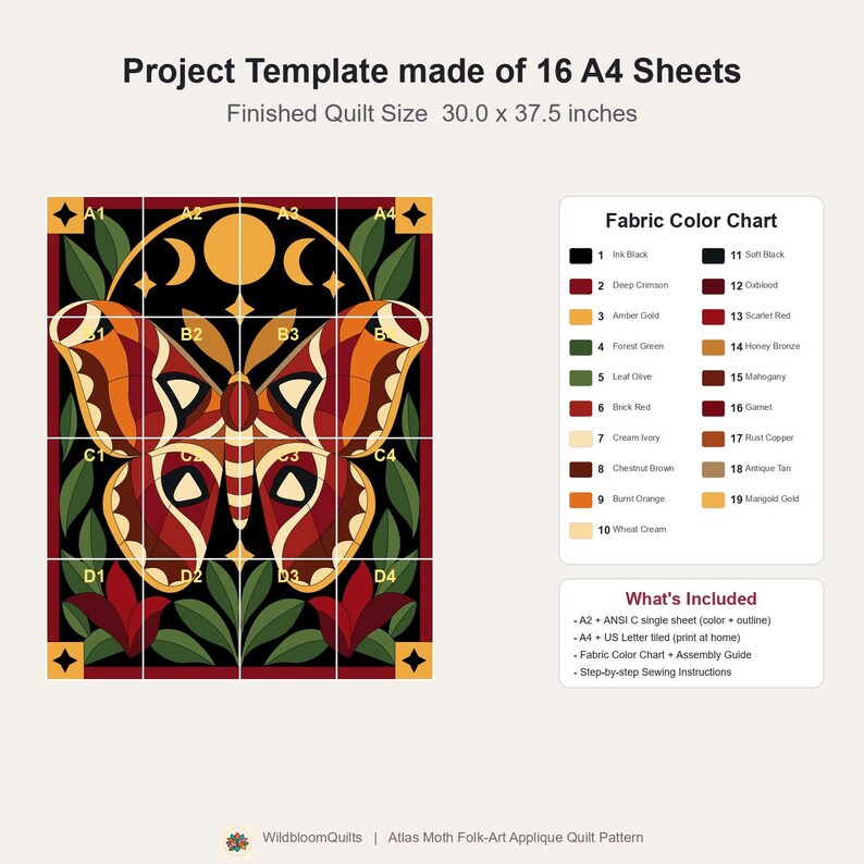 Atlas Moth Quilt Pattern, Applique & Collage Quilt PDF, Moon Phase Quilt Pattern, Folk Art Wall Hanging, Botanical Patchwork Template image 16