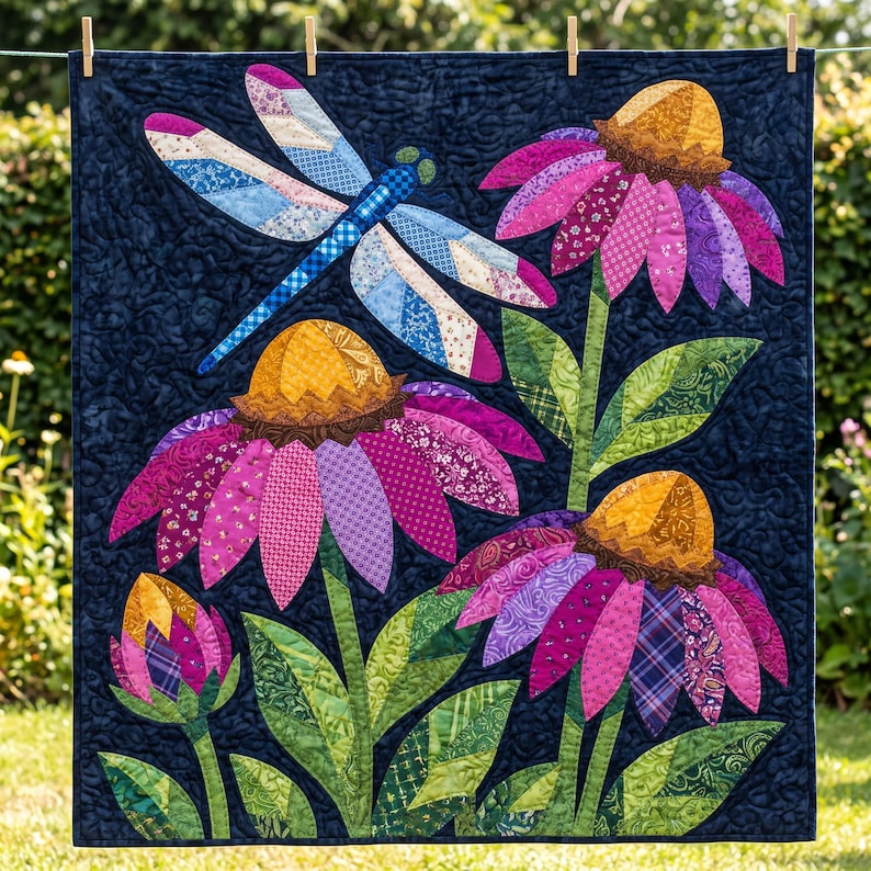Mönster med trollslända- och solhattblommigt quiltmönster, applikations- och collagequilt i PDF-format, quiltmönster med blommigt djurmönster, applikation med råa kanter och smältbara mönster bild 5