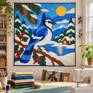 Blue Jay Quilt Pattern, Applique & Collage Quilt, Winter Bird Quilt Pattern PDF, Patchwork Wall Hanging, Folk Art Quilt Template image 9