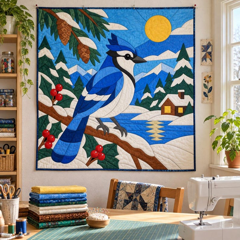 Blue Jay Quilt Pattern, Applique & Collage Quilt, Winter Bird Quilt Pattern PDF, Patchwork Wall Hanging, Folk Art Quilt Template image 9