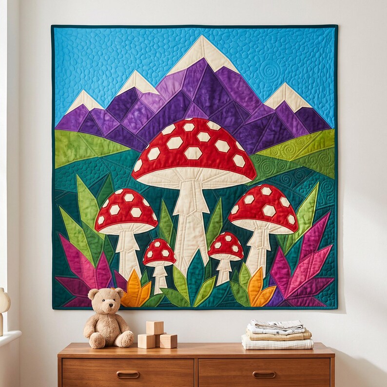 Mushroom Mountain Quilt Pattern, Raw Edge Fusible Applique, Toadstool Quilt Pattern PDF, Patchwork Wall Hanging, Folk Art Quilt Template image 15