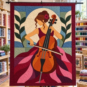 Quiltmuster für Cellisten, Applikations- und Collage-Quilt, Quiltmuster für Musikliebhaber (PDF), Patchwork-Wandbehang, Quiltvorlage im Stil der Volkskunst Bild 4