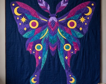 Patrón de colcha Polilla Amatista, PDF de aplique termoadhesivo con borde sin rematar, Patrón de Polilla Celestial, Tapiz de pared de patchwork, Plantilla de colcha de arte popular
