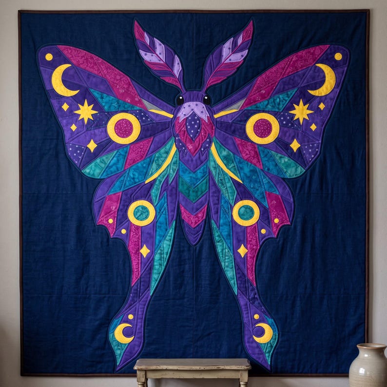 Amethyst Moth Quilt Pattern, Raw Edge Fusible Applique PDF, Celestial Moth Pattern, Patchwork Wall Hanging, Folk Art Quilt Template image 1