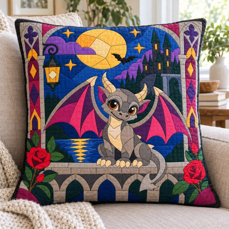 Modello per trapunta Baby Gargoyle, trapunta con applicazioni e collage, modello PDF per trapunta con animali fantastici, arazzo patchwork, modello per trapunta in stile folk art immagine 5