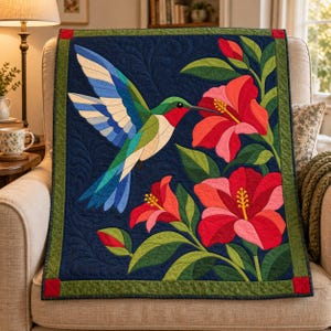 Patrón de colcha de colibrí, colcha de apliques y collage, patrón de colcha de pájaros en PDF, tapiz de pared de hibisco, plantilla de colcha de arte popular imagen 13