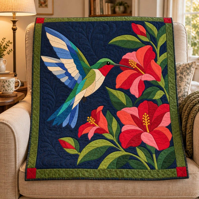 Patrón de colcha de colibrí, colcha de apliques y collage, patrón de colcha de pájaros en PDF, tapiz de pared de hibisco, plantilla de colcha de arte popular imagen 13