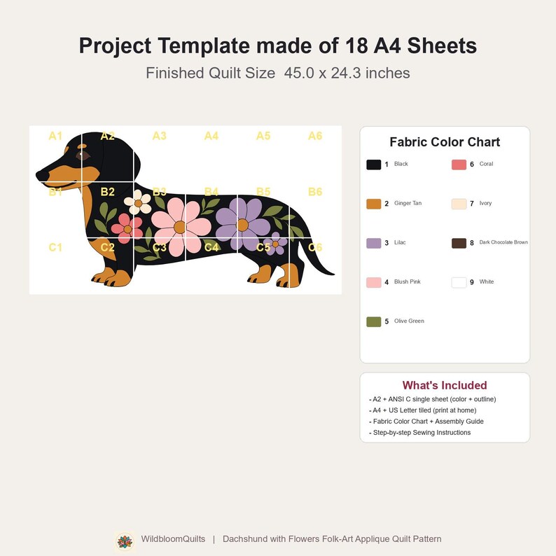 Dachshund Quilt Pattern, Dog Wall Hanging Quilt Pattern PDF, Easy Floral Applique Quilt for Beginners, Doxie Gift, Raw Edge Fusible Applique image 8