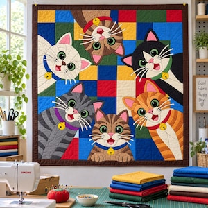 Six Cats Quilt Pattern, Applique & Collage Quilt, Cat Quilt Pattern PDF, Patchwork Wall Hanging, Folk Art Quilt Template image 7