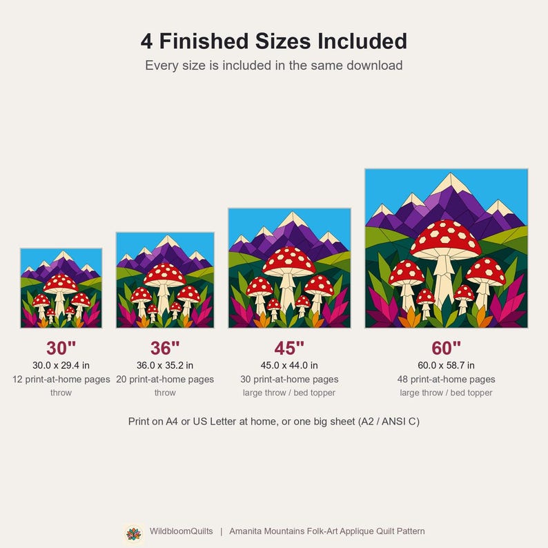 Mushroom Mountain Quilt Pattern, Raw Edge Fusible Applique, Toadstool Quilt Pattern PDF, Patchwork Wall Hanging, Folk Art Quilt Template image 11