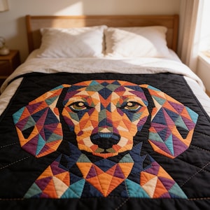 May include: A quilt featuring a geometric, multi-coloured dog portrait centred on a black background. The dog design is composed of triangular patches in shades of orange, purple, teal, and tan, with visible quilted stitching throughout the fabric.