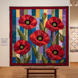 Klaprozenquiltpatroon, applicatie met rafelige rand en strijkapplicatie, bloemenquiltpatroon (PDF), patchwork wandkleed, sjabloon voor een quilt in volkskunststijl afbeelding 2